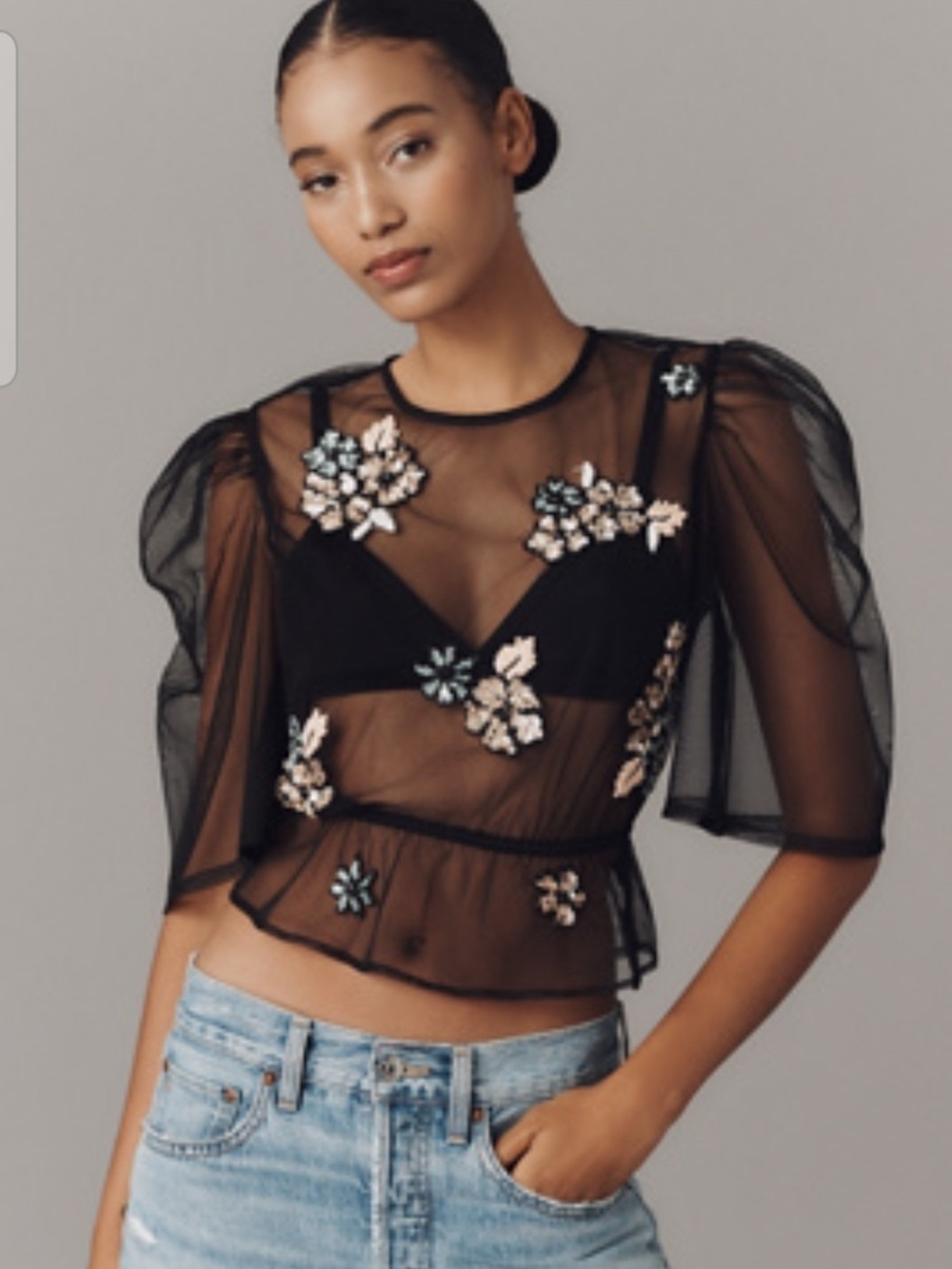 Anthropologie Sheer Black Floral Appliqué Mesh Top, Size Small